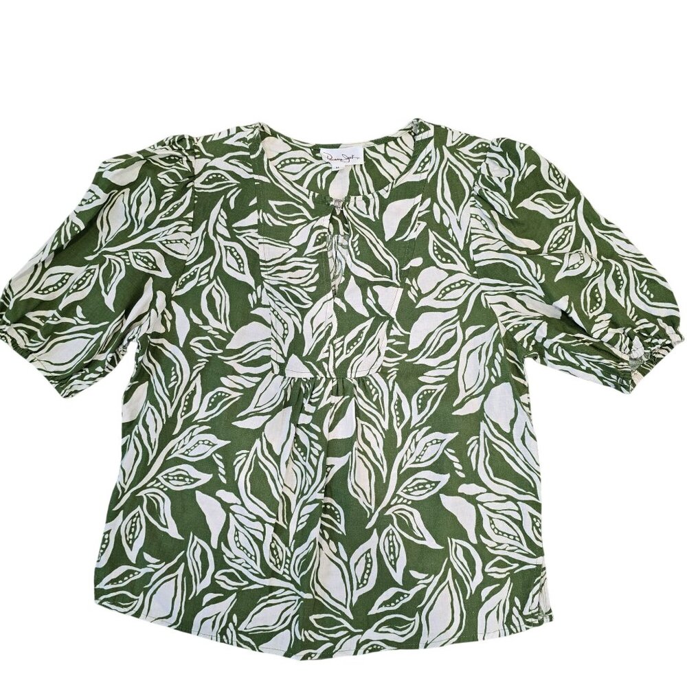 Panama Jack Womens Green & White Leaf Print Blouse keyhole neck Medium Linen ble